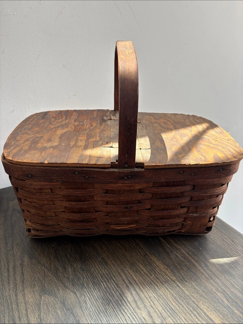Vintage double lidded picnic basket, one handle,hinges, rustic, wood, 16x9.5x12”